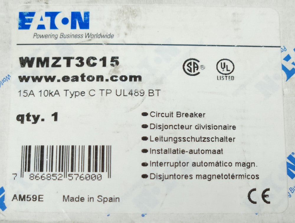 EATON WMZT3C15 3 Pole 15 AMP 10 KA Circuit Breaker Type C TP UL489 BT