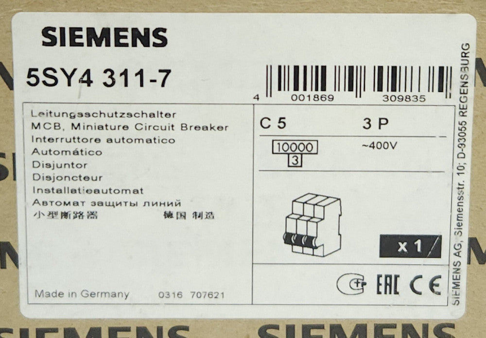 SIEMENS 5SY4 311-7 3 Pole 5 AMP Miniature Circuit Breaker