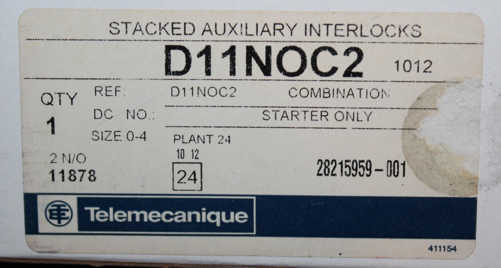 TELEMECANIQUE D11NOC2 Size 0-4 Stacked Auxiliary Contact Interlock 2 NO D11N0C2 
