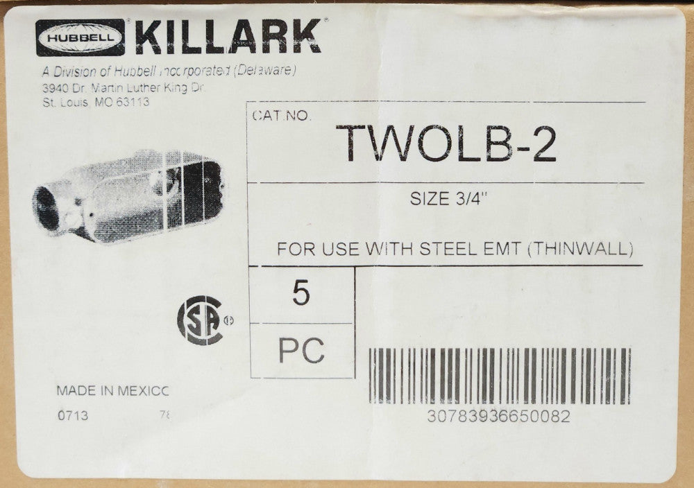 BOX OF 3 KILLARK TWOLB-2 Size 3/4" CONDUIT BODY Metal Elbow TWOLB 2