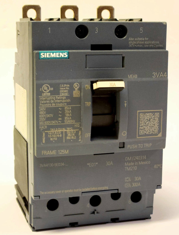 SIEMENS 3VA4130 5ED34 0AA0 3 Pole 30 AMP 3VA4 Circuit Breaker Frame 125m