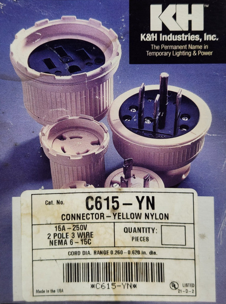 BOX OF 10 K&H RONDALE C615 YN Yellow Nylon 15 AMP 250 VAC Connector Receptacle