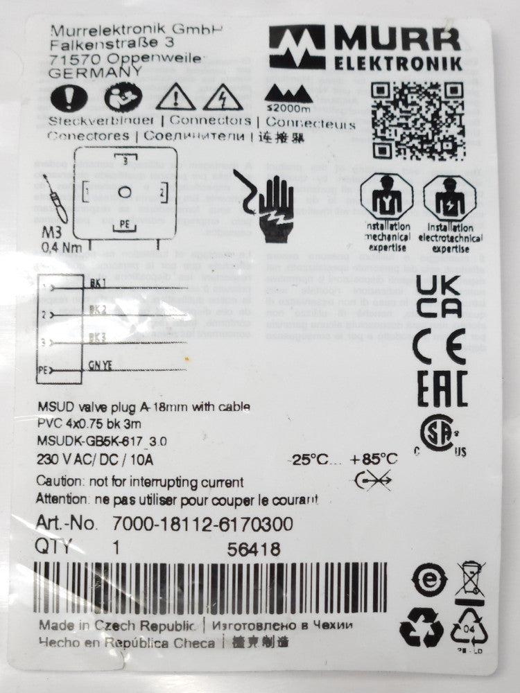 MURR ELEKTRONIK MSUDK GB5K 617 3.0 230 VAC VDC MSUD Valve Plug Cable 7000 18112
