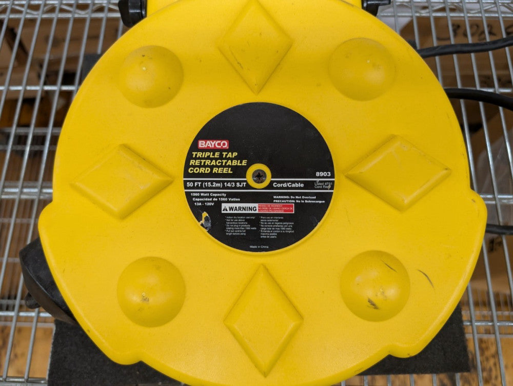 Used, Bayco, 8903, Retractable Power Cord 50 ft - 3 Outlets
