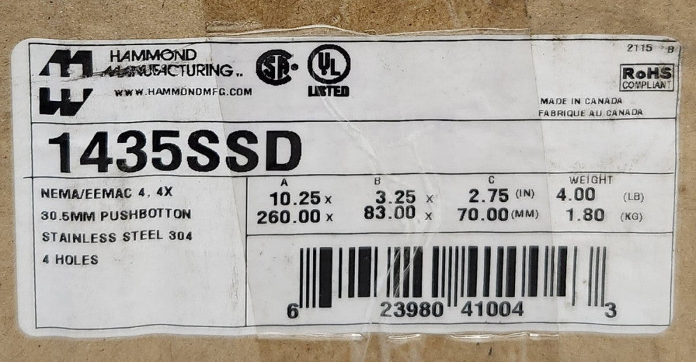 HM HAMMOND MANUFACTURING  1435SSD Nema 4 4x Stainless Steel Pushbutton Station