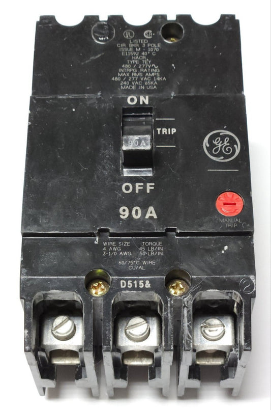 GENERAL ELECTRIC TEY390 3 Pole 90 AMP Type TEY Circuit Breaker 277 480 VAC