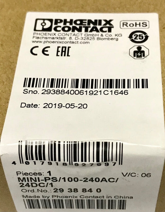 PHOENIX CONTACT MINI PS 100-240 AC 24 DC 1 Power Supply 29 38 84 0 Input 100-240