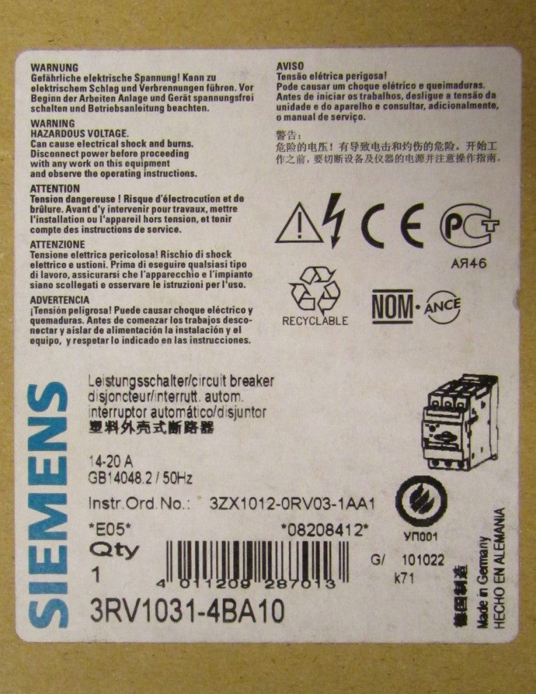 SIEMENS 3RV1031 4BA10 14-20 Amp Manual Motor Starter Protector