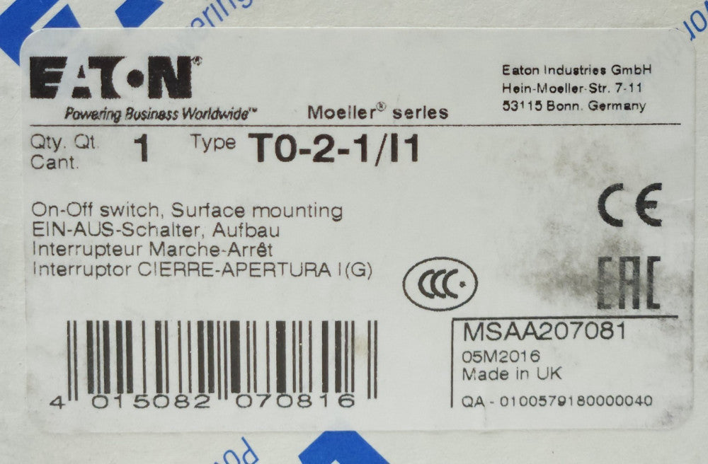 EATON MOELLER T0-2-1/I1 ON OFF Selector Switch 2 Position Maintained T0 2 1 I1