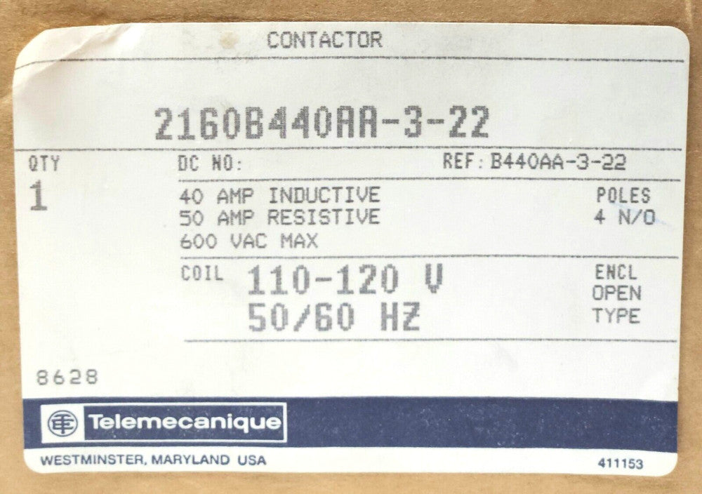 TELEMECANIQUE 2160B440AA 3 22 4 Pole ROWAN CONTROL B440AA 3 22 Contactor 120 VAC