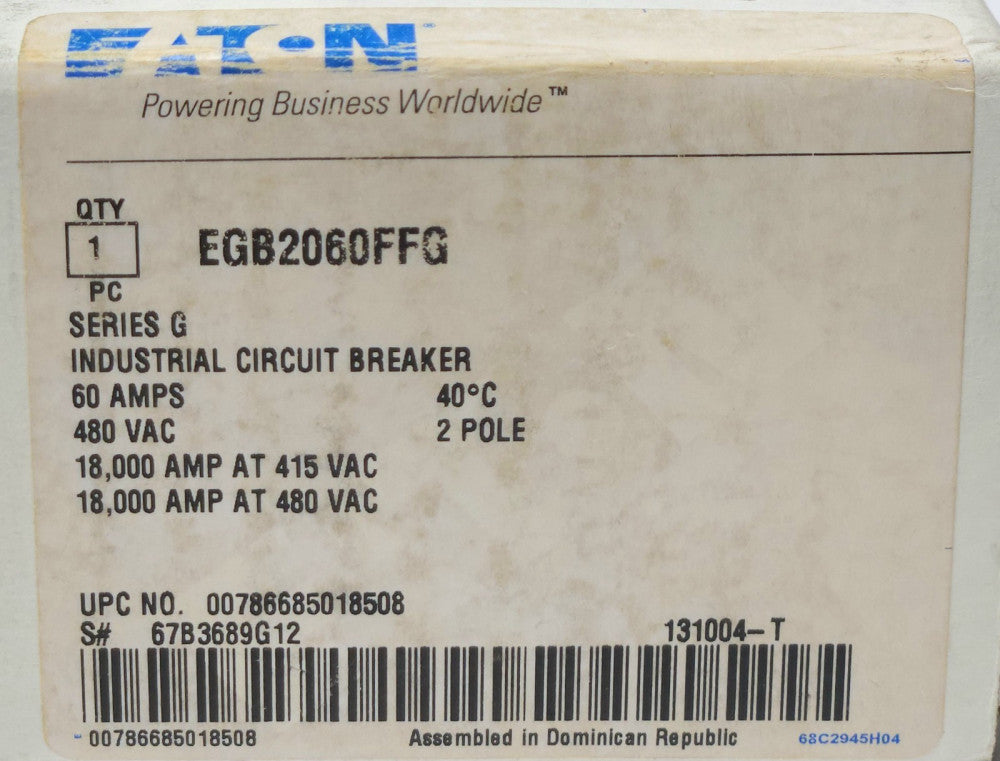 EATON CUTLER HAMMER EGB2060FFG 2 Pole 60 AMP Type EGB E125B Circuit Breaker