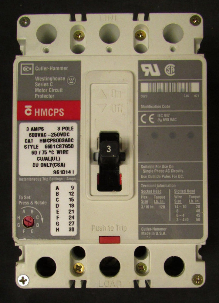 CUTLER HAMMER WESTINGHOUSE HMCPS003A0C HMCPS Motor Circuit Protector 3Amp 3Pole