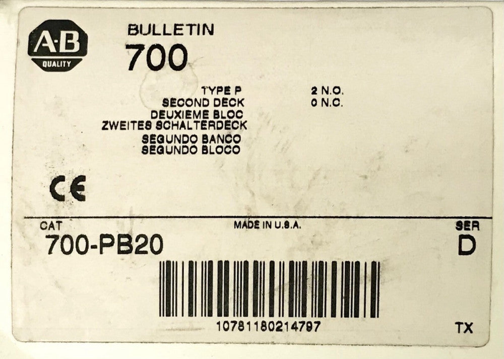 ALLEN BRADLEY 700 PB20 Type P Relay Second Deck 2 NO
