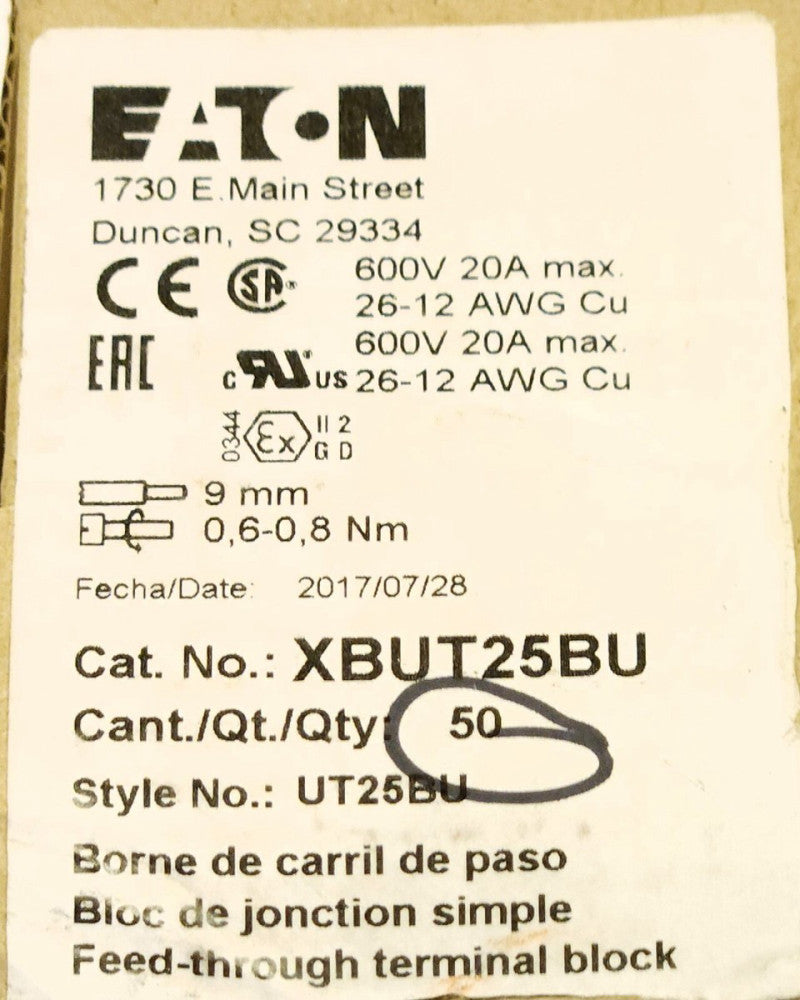 BOX OF 50 EATON XBUT25BU Terminal Block Blue UT25BU 600 VAC 20 AMP 26-12 AWG