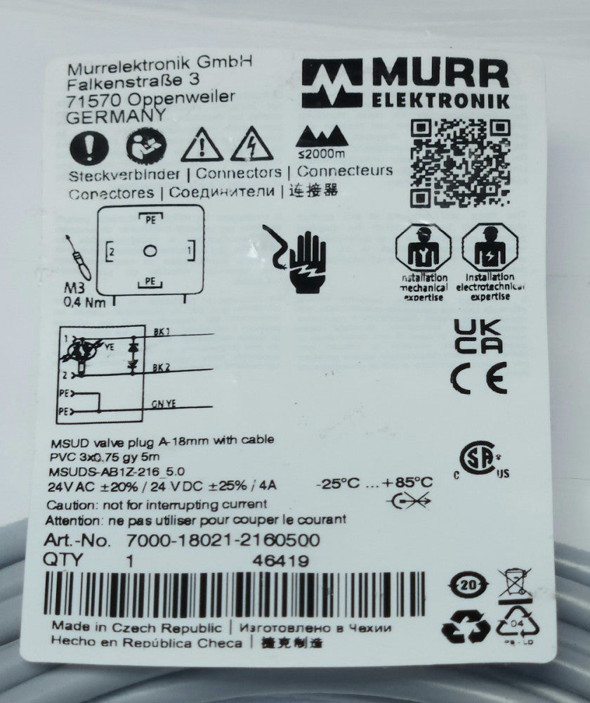 MURR ELEKTRONIK MSUDS AB1Z 216 5.0 24 VAC DC MSUD Valve Plug 18mm Cable 7000