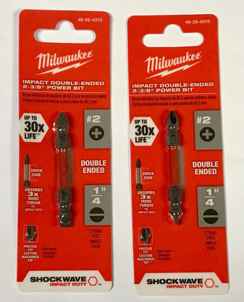 LOT OF (2) MILWAUKEE 48 32 4310 SHOCKWAVE Double Ended 2-3/8" PH #2 SL #10 1/4"