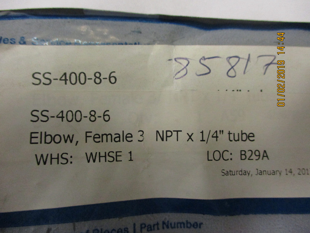 SS-400-8-6 Swagelok SS TUBE FITTING, FEMALE ELBOW, 1/4 IN. T BRAND NEW!