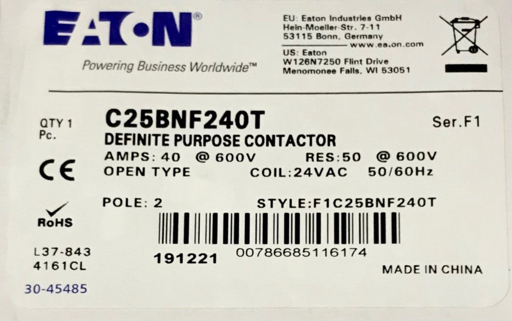 EATON C25BNF240T 2 Pole 24 VAC 40 AMP Definite Purpose Contactor 