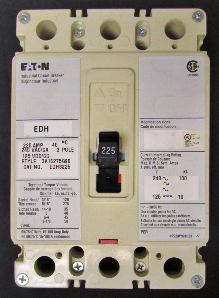 EATON CUTLER HAMMER EDH Breaker 3 Pole 225 Amp French Canadian Label EDH3225