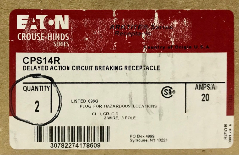 EATON CROUSE HINDS CPS14R 20 AMP Delayed Action Circuit Breaking Receptacle 