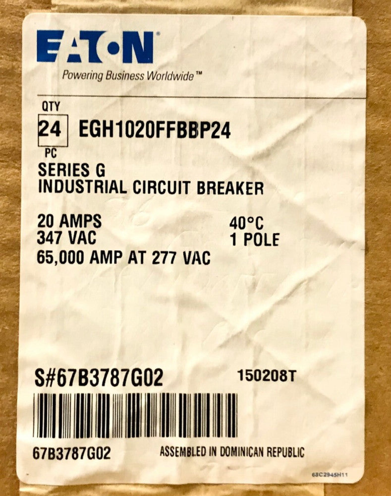 EATON EGH1020FFB BP24 Single Pole 20 AMP Type E125H Circuit Breaker