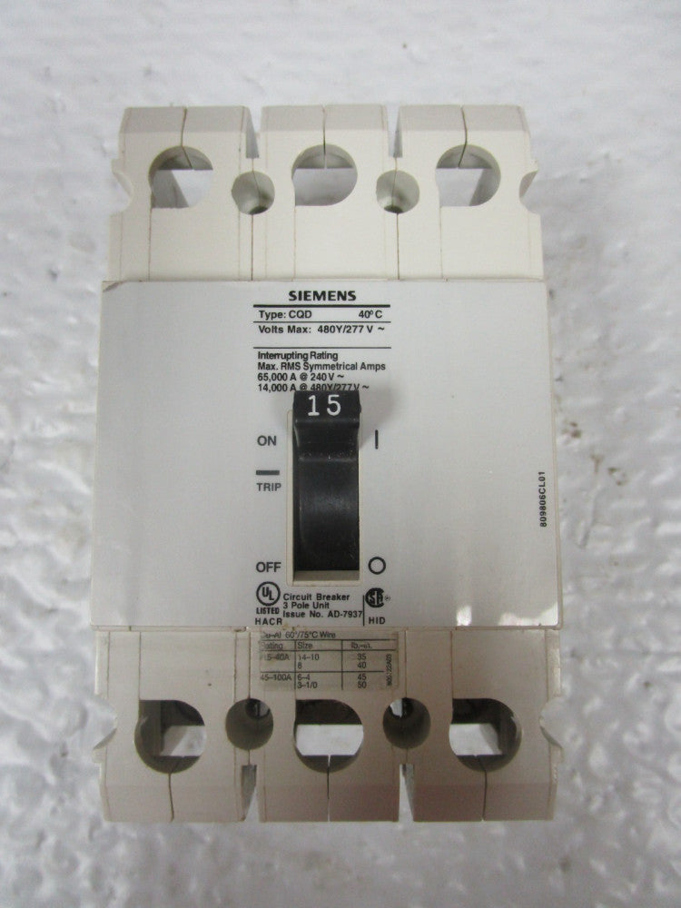 Siemens CQD315 Circuit Breaker 15A A MP 480Y/277Vac 3 POLE
