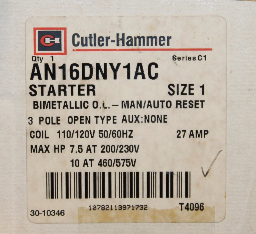 CUTLER HAMMER Size 1 Starter 110/120V 27 Amp AN16DNY1AC