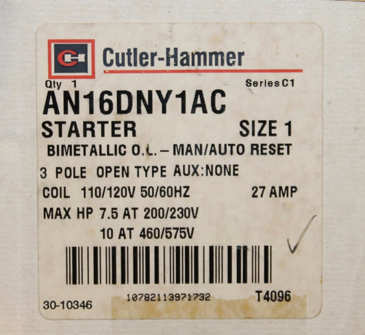 CUTLER HAMMER Size 1 Starter 110/120V 27 Amp AN16DNY1AC