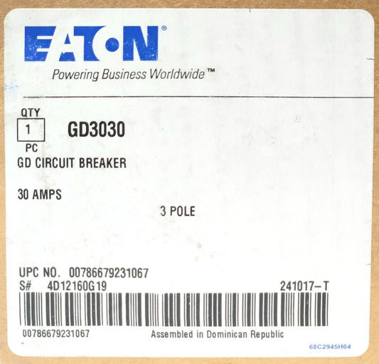 EATON CUTLER HAMMER GD3030 3 Pole 30 AMP Type GD Circuit Breaker