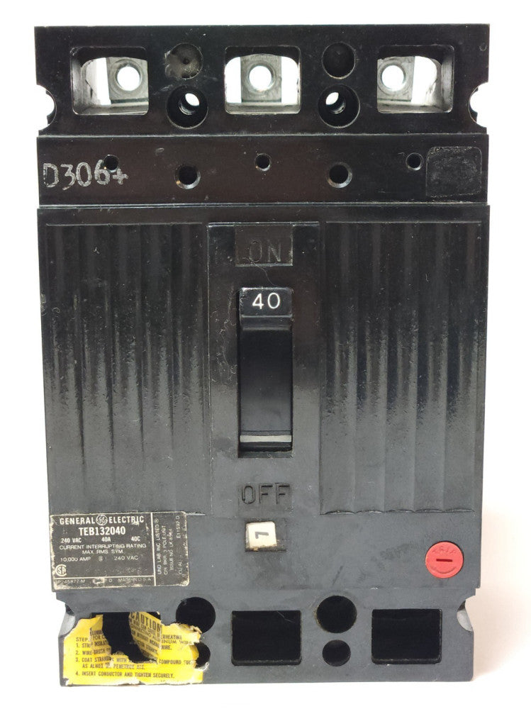 GENERAL ELECTRIC TEB132040 3 Pole 40 AMP Type TEB Circuit Breaker 240 VAC