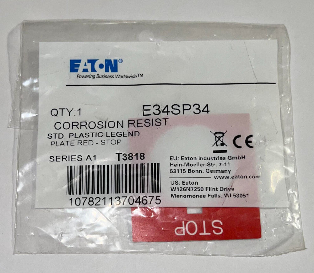 EATON CUTLER HAMMER E34SP34 Corrosion Resist STD Plastic Legend Plate Red STOP
