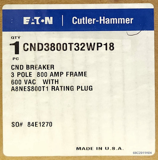 EATON CUTLER HAMMER CND3800T32W P18 3 Pole 800 AMP Type CND LSI Circuit Breaker