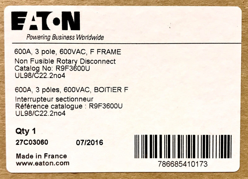 EATON CUTLER HAMMER R9F3600U 600AMP 600VAC Rotary Disconnect Non Fusible F Frame