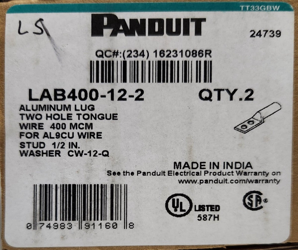 BOX OF 2 PANDUIT LAB400 12 2 400 mcm AL Aluminum Paddle Crimp ON LUG