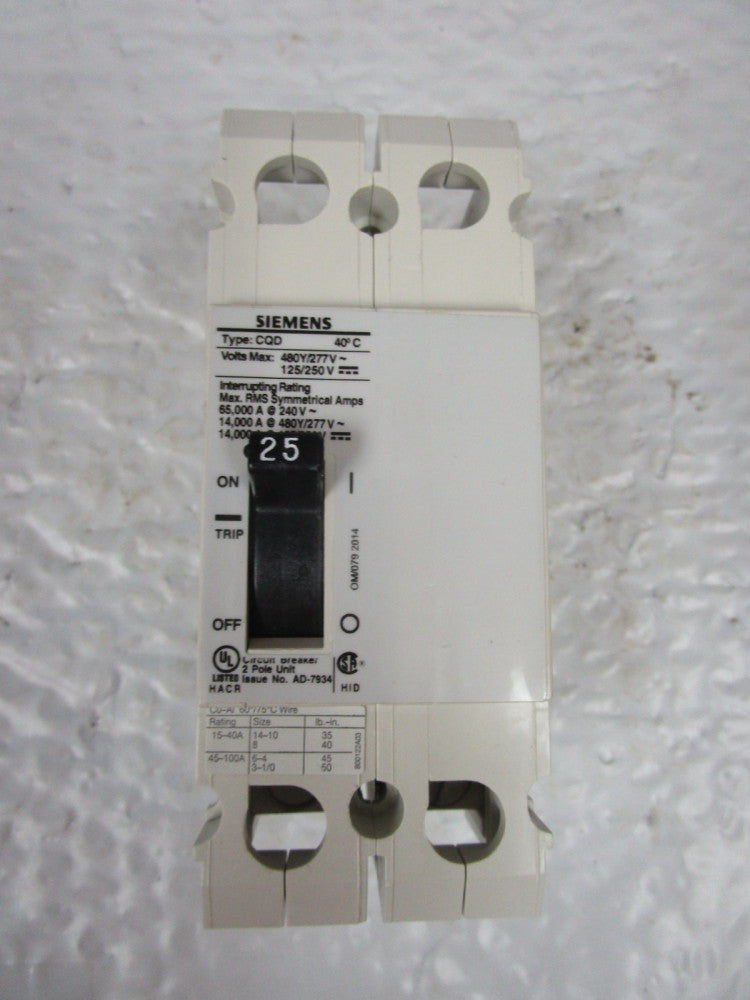 Siemens CQD225 Circuit Breaker 25A AMP 277/480Vac 2 POLE