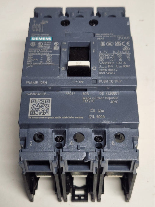 SIEMENS 3VA5160 6ED31 0AA0 3 Pole 60 AMP 3VA5 Frame 125H