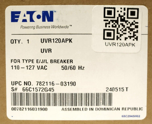 EATON UVR120APK 110-127 VAC Type E J L Breaker UVR Undervoltage Release 66C1572G