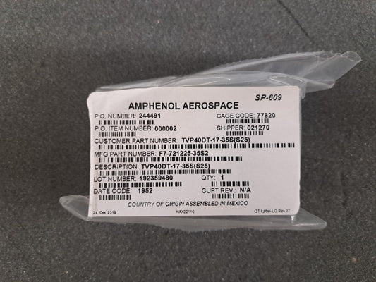 New, Amphenol, TVP40DT-17-35S(S25), WALL MT DF RECPT 38999 DERIVATIVE PCB