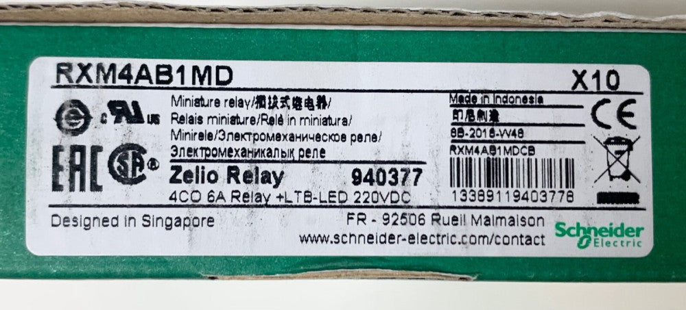 1 Box of 10 SCHNEIDER ELETRIC RXM4AB1MD ZELIO Miniature Relay 220 VDC 4CO 6 AMP 