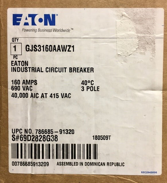EATON CUTLER HAMMER GJS3160AAWZ1 3Pole 160AMP Series G Type GJS Circuit Breaker