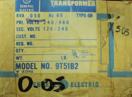 GENERAL ELECTRIC 9T51B2 Type QB .050 KVA Dry Transformer Pri 240/480 Sec 120/240