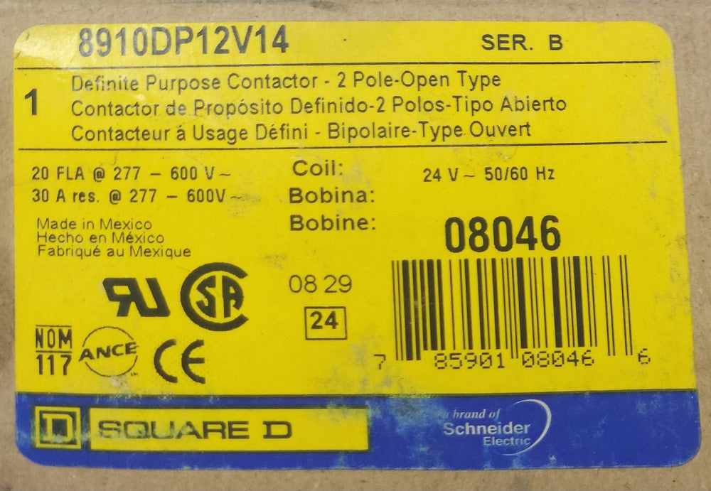 SQUARE D 8910DP12V14 2 Pole Definite Purpose Contactor 24 Volt 20 AMP