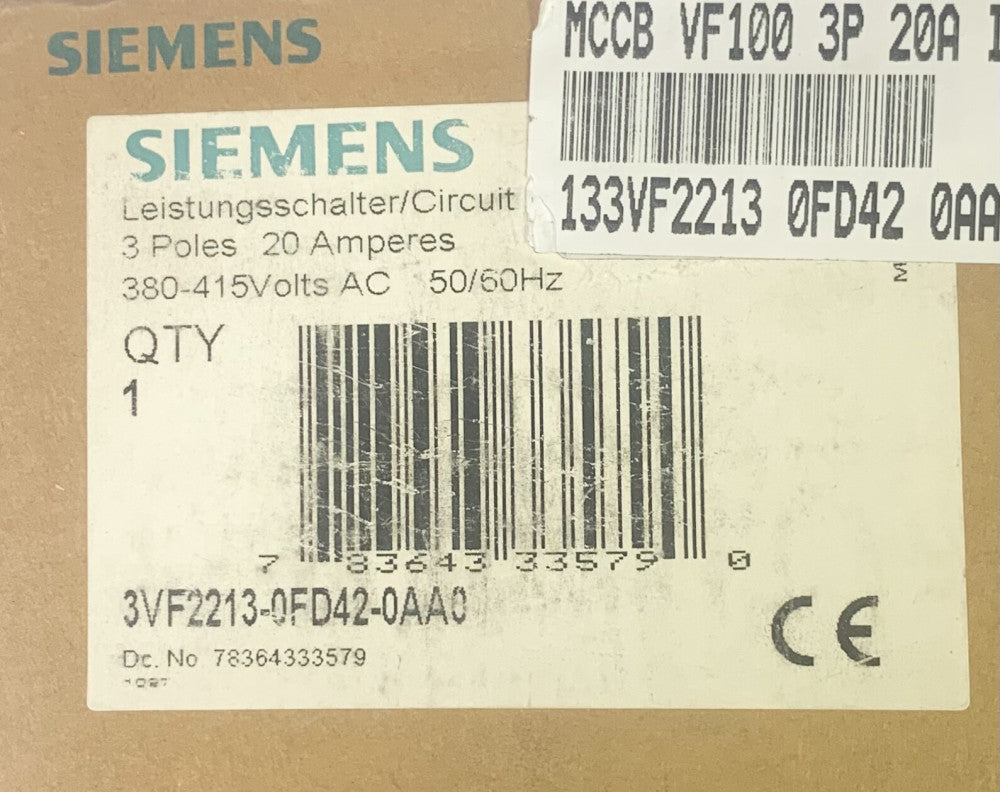 SIEMENS 3VF2213 0FD42 0AA0 3 Pole 20 AMP VF100 Circuit Breaker