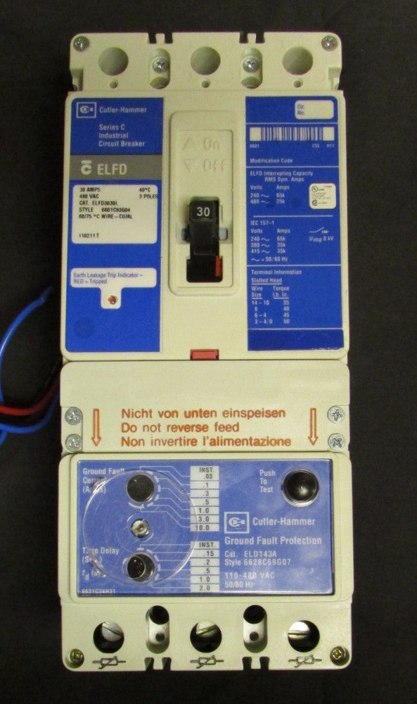 CUTLER HAMMER ELFD3030L Type ELFD Earth Leakage Circuit Breaker 30A 3P ELFD3030 