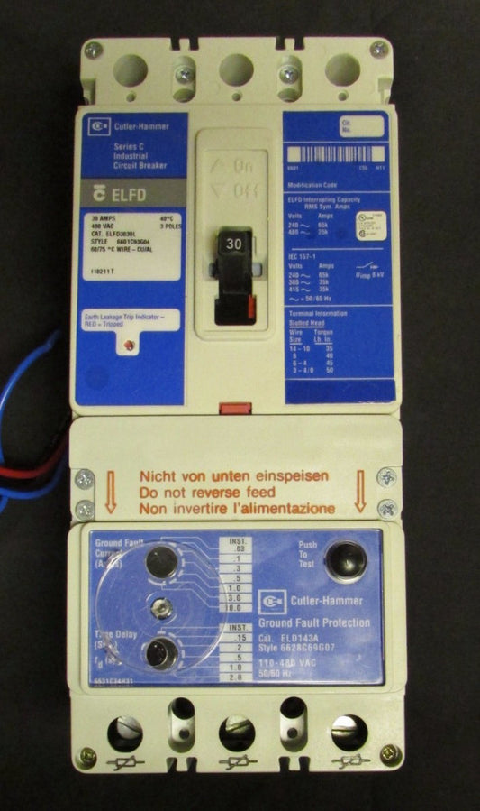 CUTLER HAMMER ELFD3030L Type ELFD Earth Leakage Circuit Breaker 30A 3P ELFD3030 