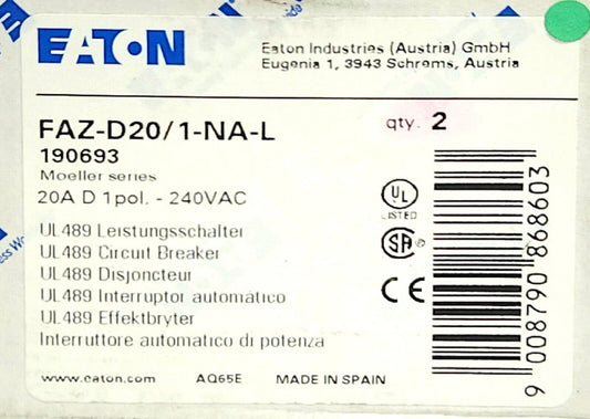 EATON MOELLER BOX OF 2 FAZ-D20/1-NA-L Single Pole 20 AMP 240 VAC Miniature