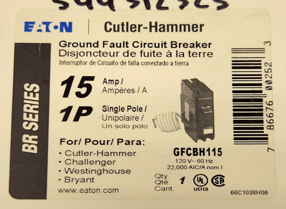 EATON CUTLER HAMMER GFCBH115 Single Pole 15 AMP Type GFCB HAGF Ground Fault
