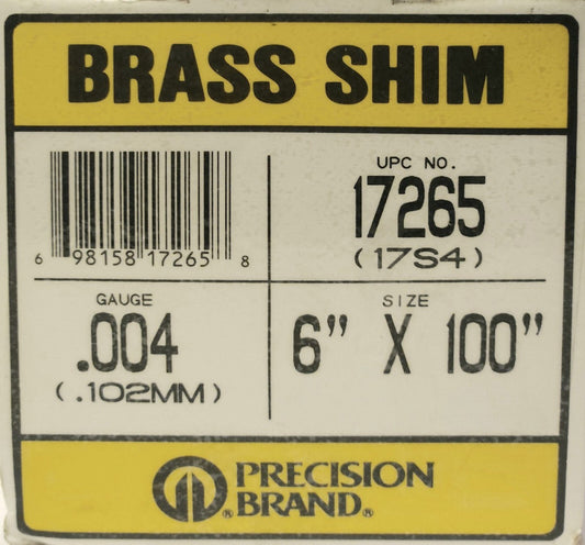 PRECISION BRAND 17265 BRASS SHIMT 17265 GAUGE .004 .102mm 6"X100"