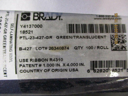 PTL-23-427-GR Brady GREEN/TRANSLUCENT PRINTER LABEL BRAND NEW!
