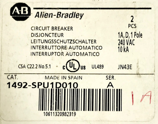 BOX OF 2 ALLEN BRADLEY 1492 SPU1D010 Single Pole 1 AMP 240 VAC 1492-SPU Circuit 